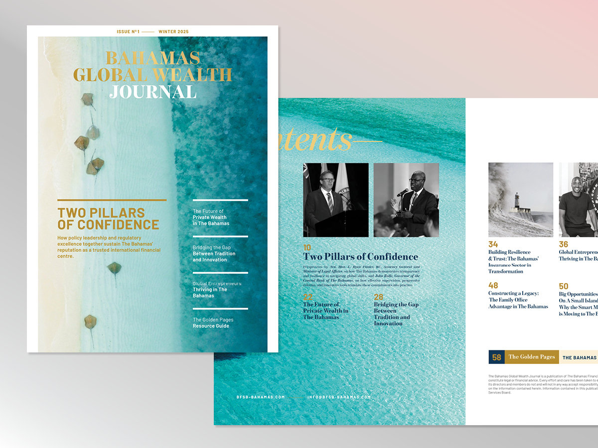 Bahamas Global Wealth Journal — cover and interior spreads