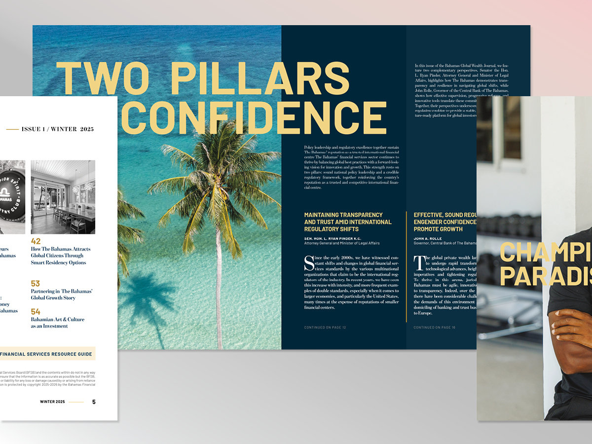 Two Pillars of Confidence — feature spread, Bahamas Global Wealth Journal